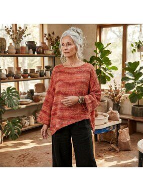 Yasuko Kurisaka Wearable Art Artsy Boho Red Striped Asymmetric Knit Tunic OS